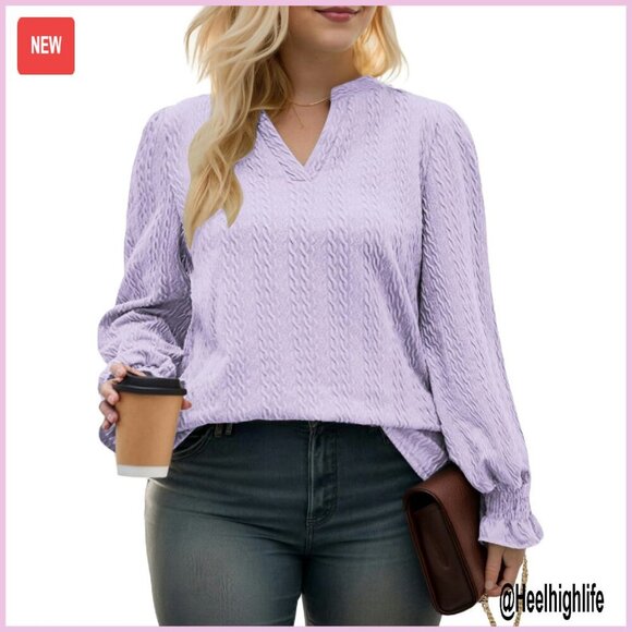 Tops - Plus Size Long Sleeve Tunic with V Neck and Puff Sleeves